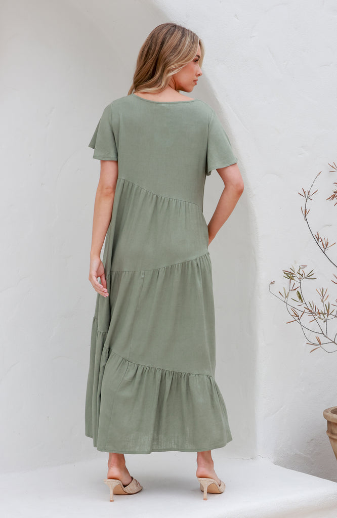 TAMARA LINEN MIDI DRESS - KHAKI