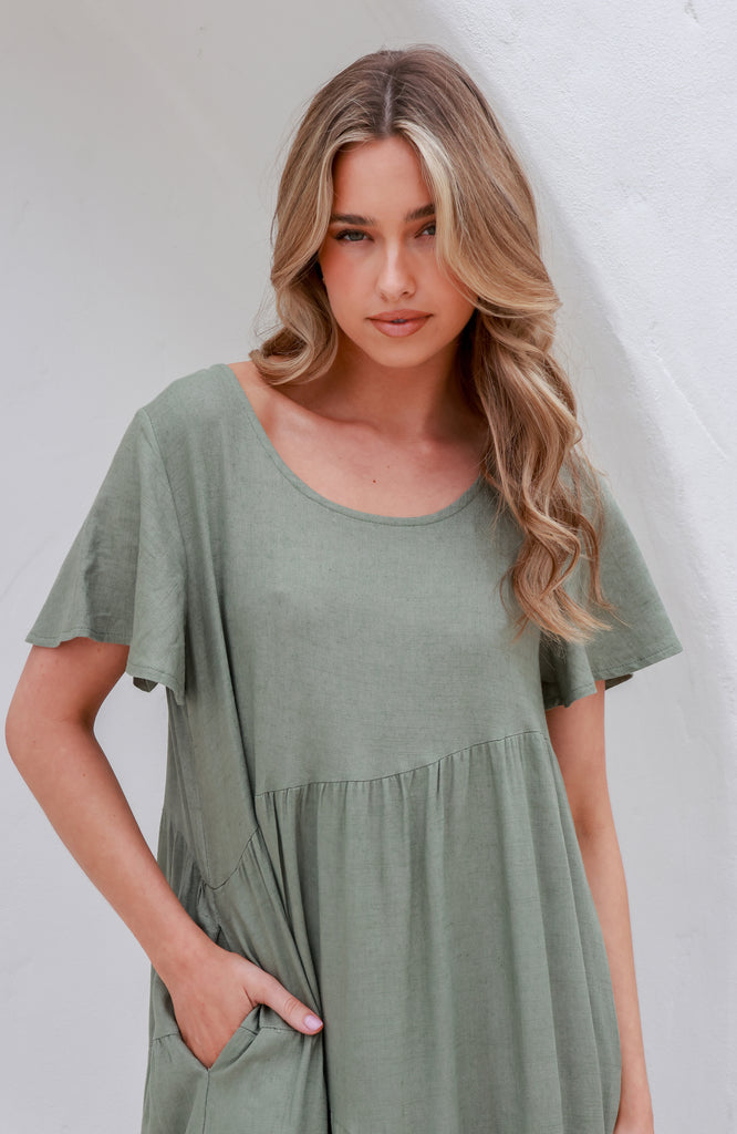 TAMARA LINEN MIDI DRESS - KHAKI