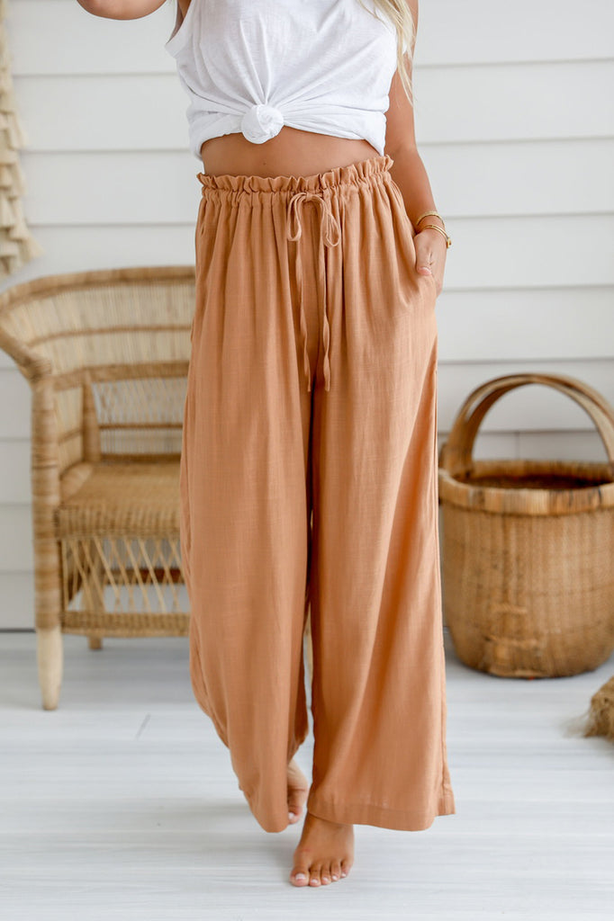 OLIVIA LINEN BLEND WIDE LEG PANT - TAN