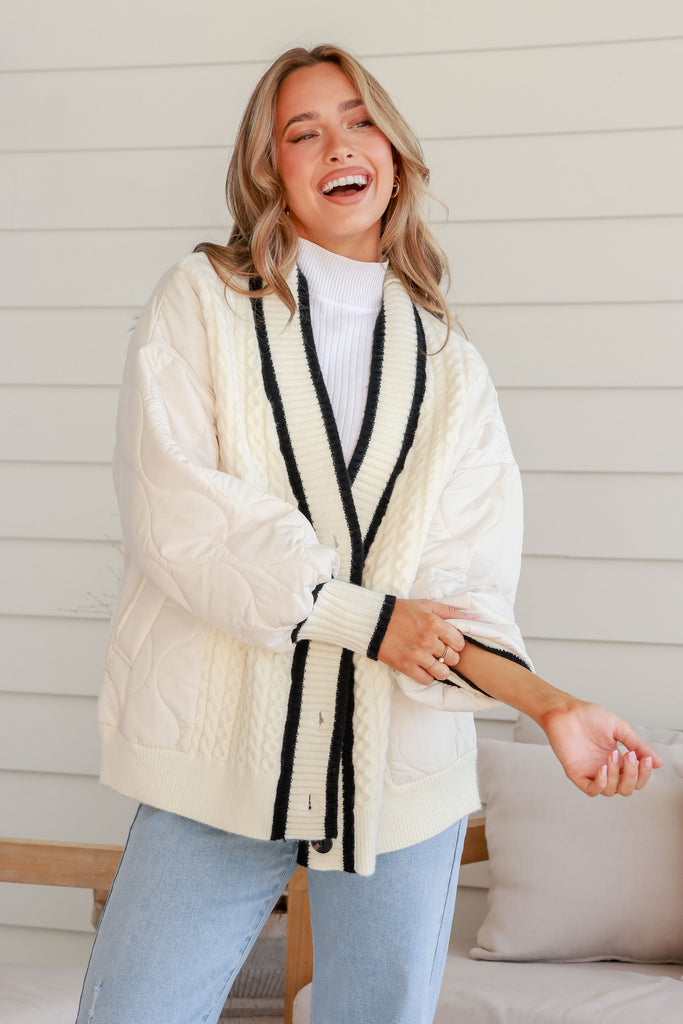 VARSITY QUILTED KNIT BOMBER JACKET - CREAM