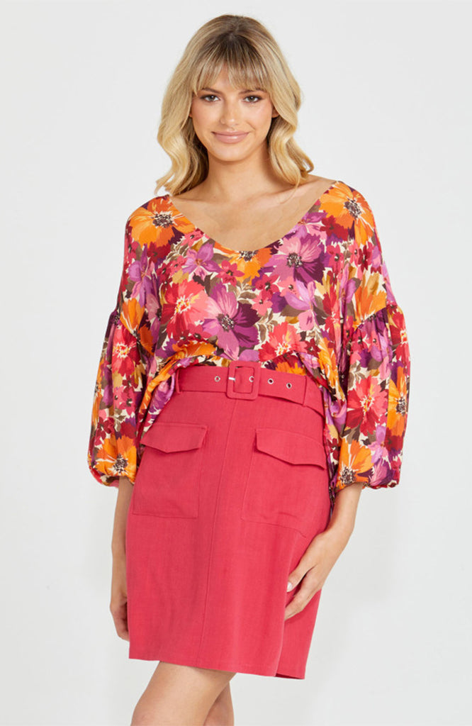 YASMIN BUBBLE SLEEVE TOP - BERRY FLORAL