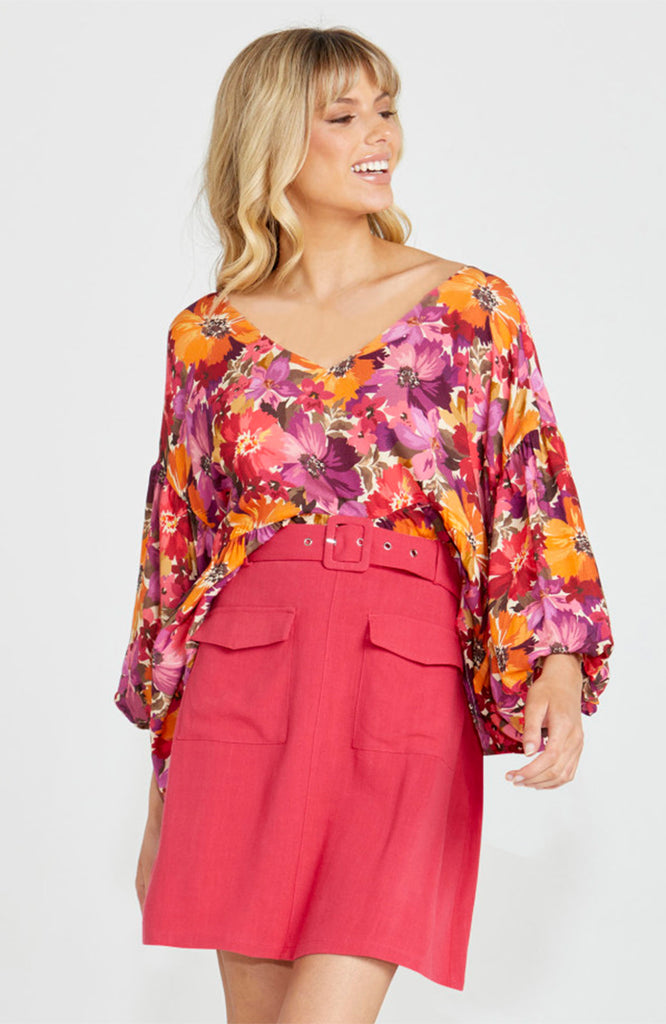 YASMIN BUBBLE SLEEVE TOP - BERRY FLORAL
